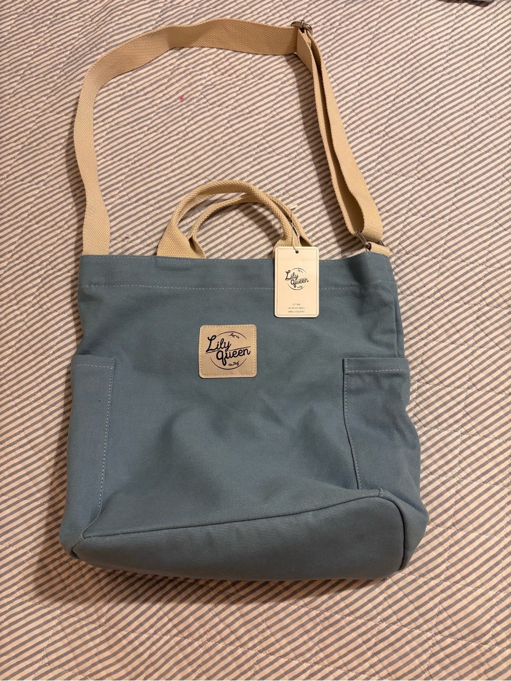 Lilly QUEEN Dusty Blue Canvas Tote with Beige Strap
